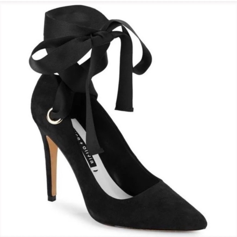 Alice + Olivia Black Suede Pointed Toe Ankle Tie Stiletto Heels